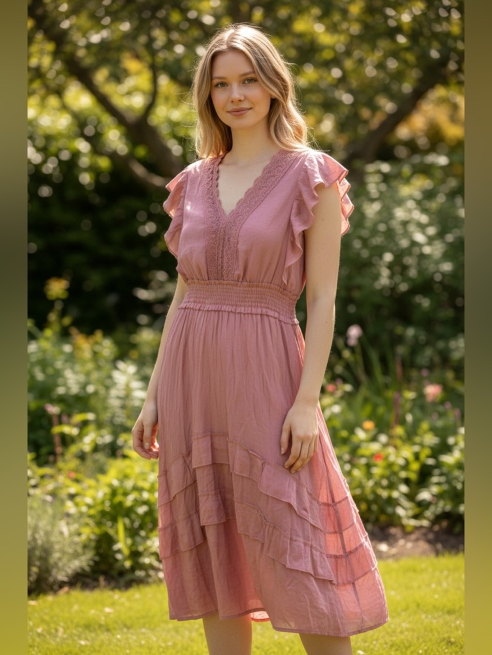 Blush Lace Trim V-Neck Dress